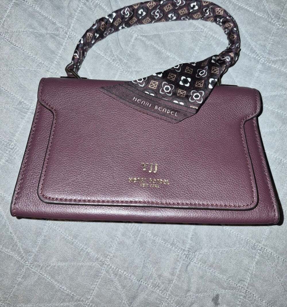 Henri Bendel Plum Leather Crossbody Bag With Patterned Handle Scarf